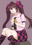  1girl bangs brown_background brown_hair cellphone checkered_clothes checkered_skirt hair_between_eyes hat highres himekaidou_hatate holding holding_phone kakone long_hair looking_at_viewer one-hour_drawing_challenge open_mouth phone pink_shirt pink_skirt purple_eyes purple_headwear shirt short_hair simple_background sitting skirt smartphone solo tokin_hat touhou twintails 