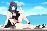 1girl arm_support bangs bikini black_bikini black_cape blue_eyes blue_hair blue_sky breasts byleth_(fire_emblem) byleth_(fire_emblem)_(female) byleth_(summer)_(fire_emblem)_(female) cape cleavage closed_mouth cloud commission dagger day english_commentary fire_emblem fire_emblem:_three_houses fire_emblem_heroes flower full_body groin hair_between_eyes hair_flower hair_ornament hand_up knife large_breasts lindaroze long_hair looking_at_viewer midriff navel ocean official_alternate_costume outdoors paid_reward_available sandals shadow sidelocks single_bare_shoulder sitting sky smile solo swimsuit weapon wrist_guards 