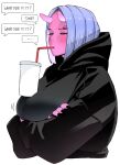  ... 1girl black_hoodie black_nails blue_hair blush bubble_tea_challenge closed_eyes closed_mouth colored_skin crossed_arms cup drinking_straw drinking_straw_in_mouth eyebrow_piercing fingernails grey_background highres hood hood_down hoodie horns light_blue_hair multicolored_hair ohasi original piercing pink_hair pink_horns pink_skin sharp_fingernails short_hair simple_background solo speech_bubble spoken_ellipsis talking two-tone_hair upper_body very_long_fingernails 