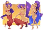  anklet arms_up ass back barefoot bracer breasts butt_crack cleavage dark-skinned_female dark_skin earrings harem_pants hoop_earrings jewelry kajin_(kajinman) official_alternate_costume pants pointy_ears ponytail purple_hair shantae shantae_(series) sideboob skirt smile squatting tan tanlines tiara 