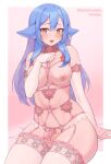  1girl absurdres animal_ears arm_support blue_hair breasts brown_eyes chastity_cage collaboration commission futanari highres idamaria iwbitu lingerie long_hair looking_at_viewer nipples original sitting smile solo testicles thighhighs underwear 