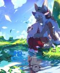  1girl 1other bangs blue_sky blunt_bangs blush_stickers cape closed_eyes cloud creature different_reflection ears_through_headwear falling_leaves field flower furry grass happy helmet highres hug leaf long_hair made_in_abyss mitty_(made_in_abyss) mitty_(made_in_abyss)_(human) nanachi_(made_in_abyss) nanachi_(made_in_abyss)_(human) nature on_ground open_mouth outdoors pants pond pouch red_hair red_pants reflection ripples shade shore sidelocks sitting sky soaking_feet topless tree very_long_hair water whiskers white_flower white_hair wind wonchun 