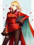  1girl ahoge black_legwear blonde_hair blue_background bow cape closed_mouth contrapposto fate/extra fate_(series) green_eyes hair_bow hair_intakes hand_on_hip highres legwear_under_shorts long_hair looking_at_viewer nero_claudius_(fate) pantyhose petals red_bow red_cape red_shorts sapphirez39 short_shorts shorts side_slit side_slit_shorts sleeves_past_wrists smile solo standing 