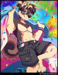  anthro asexual_pride_colors athletic athletic_male barefoot belt blonde_highlights blue_claws blue_eyes bottomwear bracelet brown_body brown_fur brown_hair brown_nose canid canine canis cheek_tuft chest_tuft claws clothed clothing confetti domestic_dog eyewear facial_tuft feet fingerpads flag fur glasses hair hi_res highlights_(coloring) holding_flag holding_object inner_ear_fluff jewelry lgbt_pride looking_at_viewer male mammal mastectomy_scar navel painted_claws pawpads ponytail pride_colors roanoak scar shiba_inu short_hair short_ponytail shorts smile solo spitz tan_body tan_fur terry_(roanoak) toe_claws topless trans_(lore) trans_man_(lore) transgender_pride_colors tuft undercut visibly_trans whisker_spots 