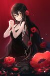  1girl absurdres bare_arms black_dress black_hair blood blood_from_eyes breasts cleavage closed_mouth collarbone dress flower hair_flower hair_ornament highres long_hair looking_at_viewer medium_breasts original own_hands_clasped own_hands_together red_background red_flower sitting sleeveless sleeveless_dress smile solo ssalgolae very_long_hair yellow_eyes 