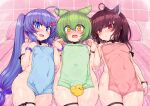  3girls ahoge animal_ears blue_eyes blue_hair blush bracelet breasts brown_hair covered_navel covered_nipples covering fang green_hair hair_between_eyes hair_ornament hairclip headgear highres holding_another&#039;s_wrist jewelry long_hair looking_at_viewer lying multiple_girls nude_cover null_(nyanpyoun) on_back open_mouth otomachi_una red_eyes rubber_duck short_hair small_breasts talkex touhoku_kiritan towel voiceroid voicevox wet yellow_eyes zundamon 