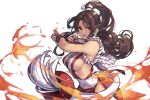  1girl absurdres b8932130 bare_shoulders breasts brown_eyes brown_hair cleavage fatal_fury fighting_stance fire hand_fan high_ponytail highres holding holding_fan large_breasts long_hair looking_at_viewer ninja ponytail revealing_clothes shiranui_mai sideboob solo the_king_of_fighters white_background 