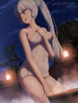  1girl absurdres bangs bare_arms blunt_bangs blush breasts cowboy_shot from_below genshin_impact highres kamisato_ayaka long_hair looking_back medium_breasts naked_towel night onsen open_mouth outdoors ponytail sidelocks sky solo standing star_(sky) starry_sky towel very_long_hair white_hair zet_(globalgears) 