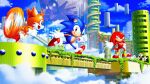  3boys :d absurdres blue_sky closed_mouth cloud fox_boy furry furry_male gloves highres knuckles_the_echidna multiple_boys one_eye_closed open_mouth red_footwear sky smile snout sonic_&amp;_knuckles sonic_(series) sonic_the_hedgehog sonic_the_hedgehog_(classic) tails_(sonic) tripplejaz walking white_gloves 