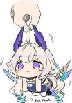  1girl 1other :3 ahoge blonde_hair blue_skirt character_name chibi enna_alouette full_body gradient_hair head_wings highres long_hair multicolored_hair nijisanji nijisanji_en purple_eyes sesield simple_background skirt twintails very_long_hair virtual_youtuber white_background 