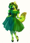  2022 5_fingers anthro breasts canid canine clothed clothing digital_media_(artwork) dress female fingers fur green_body green_clothing green_dress green_eyes green_fur green_hair hair hi_res mammal simple_background smile solo thelupinprincess white_background 
