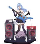  1girl absurdres bangs bare_shoulders bass_guitar black_gloves black_legwear blue_eyes blue_hair boost404 boots breasts brown_dress collarbone dress elbow_gloves full_body gloves guitar highres holding holding_instrument holding_microphone instrument long_hair looking_at_viewer microphone open_mouth original simple_background small_breasts smile solo standing striped striped_gloves striped_legwear thighhighs 