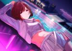  1girl absurdres bangs bare_shoulders belt blurry blurry_background brown_hair commentary_request crop_top dutch_angle hair_ornament hair_ribbon hairclip highres higuchi_madoka idolmaster idolmaster_shiny_colors long_sleeves looking_at_viewer lying miniskirt mole mole_under_eye navel night on_side outdoors pool purple_eyes ribbon short_hair skirt solo swept_bangs tolkn1 white_belt white_skirt 