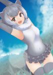  1girl absurdres animal_ears arm_behind_head armpits arms_up ass_visible_through_thighs bangs blue_sky breasts brown_eyes covered_navel cowboy_shot day detached_collar dutch_angle elbow_gloves fang frilled_swimsuit frills fur_collar gloves grey_hair groin highres kemono_friends looking_at_viewer medium_breasts multicolored_hair nyaseiru one-piece_swimsuit open_mouth otter_ears otter_girl otter_tail outdoors outstretched_arm short_hair skindentation sky small-clawed_otter_(kemono_friends) smile solo swimsuit tail thighhighs two-tone_hair wading water 