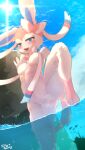  2022 4_toes absurd_res anthro anthrofied blue_eyes blush bodily_fluids breasts canid cloud cute_fangs day eeveelution featureless_breasts feet female fur genital_fluids genitals hi_res kemono mammal naughty_face nintendo nude on_one_leg open_mouth outside partially_submerged paws pink_body pink_fur pok&eacute;mon pok&eacute;mon_(species) pok&eacute;morph pussy pussy_juice raised_leg rdnw0519 signature sky solo standing sylveon toes video_games water white_body white_fur 