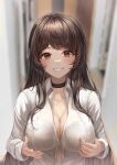  1girl absurdres bangs black_choker blurry blurry_background blush bra breast_hold breasts brown_eyes brown_hair choker cleavage collarbone collared_shirt depth_of_field dress_shirt grin highres indoors large_breasts light_particles long_hair long_sleeves looking_at_viewer mirage_(rairudiseu) open_clothes open_shirt original parted_lips second-party_source see-through see-through_shirt shirt sidelocks smile solo swept_bangs underwear upper_body very_long_hair white_bra white_shirt 