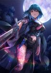  1girl armor bangs black_coat black_shirt black_shorts blue_eyes blue_hair breasts brown_legwear bustier byleth_(fire_emblem) byleth_(fire_emblem)_(female) clothing_cutout cloud coat commentary_request dagger fire_emblem fire_emblem:_three_houses fire_emblem_warriors:_three_hopes full_moon hair_between_eyes highres holding holding_sword holding_weapon knife large_breasts legwear_under_shorts lens_flare long_hair looking_at_viewer moon navel navel_cutout night open_mouth outdoors pantyhose patterned_legwear shirt short_shorts shorts sidelocks solo standing sword sword_of_the_creator tassel vambraces weapon yukimiyuki 