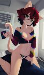  1girl aeiou_(yoako) ahoge animal_ear_fluff animal_ears animal_nose artist_name bangs bare_shoulders black-framed_eyewear black_eyes black_hair black_panties body_fur breasts cat_ears cat_girl cat_tail cellphone commentary crop_top digital_dissolve dissolving_clothes english_commentary furry furry_female glasses grey_nails grin hair_between_eyes hair_ornament head_tilt highres holding holding_phone indoors midriff multicolored_hair navel nipples off-shoulder_shirt off_shoulder original panties phone power_symbol-shaped_pupils red_hair sharp_teeth shirt short_hair small_breasts smartphone smile solo straddling strap_slip streaked_hair tail teeth two-tone_hair underwear x_hair_ornament yoako 