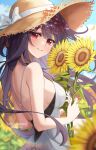  1girl bangs black_hair blue_sky breasts brown_headwear closed_mouth cloud commission day dress flower gya_(144) hair_ornament hamidashi_creative hat highres holding holding_flower kamakura_shio long_hair looking_at_viewer medium_breasts outdoors pixiv_request red_eyes sky smile solo straw_hat sunflower twitter_username white_dress 
