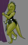  anthro clothing curtains female flashgordon glistening glistening_body greenpolygon hi_res leotard lizardfolk scalie solo whip yellow_sclera 