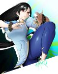  1girl artist_name black_hair bracelet breasts chinese_clothes chun-li chun-li_(cosplay) closed_mouth cosplay earrings fighting_stance final_fantasy final_fantasy_vii final_fantasy_vii_remake haku_(coffeeandink_) highres jewelry large_breasts leg_up long_hair pants red_eyes short_sleeves signature solo street_fighter street_fighter_6 tifa_lockhart tight tight_pants 