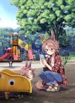  0_0 1girl 1other animal_ears bag bangs blue_eyes brown_hair cellphone denim hair_between_eyes horse_ears horse_tail jeans kneeling narita_taishin_(umamusume) odawara_hakone pants phone plaid plaid_shirt playground sandals shirt shopping_bag short_hair smartphone spring_onion swept_bangs tail umamusume white_shirt 