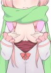  1girl areola_slip blush breast_squeeze breasts breasts_out carmilla_(re:zero) closed_mouth covering covering_breasts dress head_out_of_frame highres long_hair medium_breasts morisobo pink_hair re:zero_kara_hajimeru_isekai_seikatsu scarf self_fondle solo sweat sweatdrop white_dress 