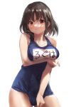  1girl bare_arms bare_legs bare_shoulders black_hair blue_swimsuit breasts brown_eyes closed_mouth collarbone cowboy_shot haguro_(kancolle) kantai_collection large_breasts one-piece_swimsuit short_hair simple_background solo swimsuit toka_(marchlizard) white_background 