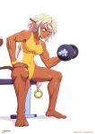  1girl aisha_clanclan barefoot blonde_hair braid covered_navel dumbbell exercise fang green_eyes highres leotard light_blush long_braid muscular muscular_female outlaw_star pixelpulp pointy_ears signature single_braid smile solo sweat sweatband tail tan thick_eyebrows thighs weightlifting white_background yellow_leotard 