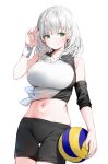  1girl absurdres bangs bare_shoulders black_shorts blush breasts collarbone commentary_request green_eyes grey_hair highres hololive large_breasts looking_at_viewer midriff navel shirogane_noel shirt short_hair shorts silver_(chenwen) simple_background smile solo tank_top thighs tied_shirt virtual_youtuber volleyball white_background white_tank_top wristband 