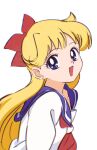  1girl aino_minako bishoujo_senshi_sailor_moon blonde_hair blue_eyes bow earrings highres jewelry looking_at_viewer nnn-ollll open_mouth red_bow simple_background solo white_background 