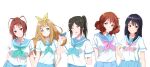  5girls absurdres bangs bird black_hair blonde_hair blue_bird blue_eyes blue_neckerchief blue_sailor_collar blue_skirt blush brown_eyes brown_hair closed_mouth green_eyes hair_ribbon hand_up hibike!_euphonium highres kasaki_nozomi kitauji_high_school_uniform kousaka_reina liz_to_aoi_tori long_hair multiple_girls nakagawa_natsuki neckerchief nozo133 oumae_kumiko parted_lips pink_neckerchief pleated_skirt ponytail purple_eyes ribbon sailor_collar school_uniform serafuku shirt short_hair short_sleeves simple_background skirt smile white_background white_shirt yellow_ribbon yoshikawa_yuuko 