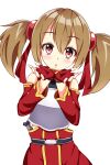  1girl :o bangs belt brown_hair commentary fingerless_gloves gloves hair_between_eyes hair_ribbon highres looking_at_viewer open_mouth red_eyes red_ribbon ribbon short_hair short_twintails silica solo sword_art_online twintails white_background wistar1as 