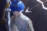  1other androgynous arrow_(projectile) ascot bangs blue_eyes blue_hair blunt_bangs bowl_cut collared_shirt colored_eyelashes colored_skin crystal_hair dark_background expressionless golden_arms greatsword grey_eyes heterochromia highres holding holding_sword holding_weapon houseki_no_kuni light_particles looking_to_the_side moon_uniform_(houseki_no_kuni) night phosphophyllite phosphophyllite_(ll) see-through see-through_sleeves shiny shiny_hair shirt short_hair solo sword weapon white_skin white_uniform wide_sleeves zieru 