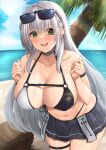  1girl absurdres bangs beach belly bikini bikini_skirt blue_sky blush breasts choker cloud eyewear_on_head green_eyes grey_hair hands_up highres hololive kuutamo large_breasts leaning_forward long_hair looking_at_viewer mole mole_on_breast navel official_alternate_hairstyle open_mouth palm_tree shirogane_noel sky smile solo stomach sunglasses swimsuit thigh_strap thighs tree very_long_hair virtual_youtuber wet 