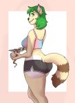  2021 anthro apple bindweed_(artist) black_nose border bottomwear breasts brown_body brown_fur butt butt_focus clothed clothing crop_top domestic_cat felid feline felis female food fruit fur green_eyes green_hair hair hazel_verday hi_res holding_food holding_knife holding_object hotpants hybrid knife looking_back mammal markings peeling pink_border plant procyonid raccoon rear_view shirt shorts simple_background smile solo striped_markings striped_tail stripes tail_markings tan_body tan_fur tank_top teeth topwear white_background white_body white_fur 