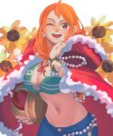  1girl bikini bikini_top_only blue_pants bracelet breasts cape cleavage crown denim earrings flower green_bikini highres holding holding_crown jeans jewelry large_breasts long_hair looking_at_viewer midriff nami_(one_piece) navel one_eye_closed one_piece open_mouth orange_hair pandar_op pants red_cape red_eyes solo sunflower swimsuit white_background 