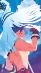  1boy absurdres bangs black_gloves blue_eyes blue_hair cloud galo_thymos gloves grin hair_between_eyes highres male_focus matoi promare sharp_teeth sky smile solo spiked_hair teeth topless_male upper_body yagita_(astronomie) 