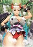  1girl bare_hips breasts cleavage club_(weapon) cuffs hand_on_hip highres horns ja_mong japanese_clothes kanabou kimono large_breasts leotard looking_at_viewer multicolored_horns one_piece oni orange_eyes orange_horns rope shackles sleeveless sleeveless_kimono solo steam sweat thick_thighs thighs weapon white_hair yamato_(one_piece) 