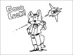  2022 :3 anthro arwing biped black_and_white boots bottomwear canid canine cheek_tuft clothed clothing english_text facial_tuft footwear fox fox_mccloud fuel_(artist) gesture headgear headphones headset inner_ear_fluff jacket looking_at_viewer male mammal monochrome nintendo pants scarf simple_background solo standing star_fox text thumbs_up topwear tuft video_games white_background 