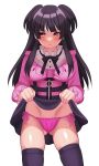  1girl absurdres ass_visible_through_thighs black_hair black_legwear black_skirt blush clothes_lift expressionless full-face_blush highres holding holding_clothes holding_skirt idolmaster idolmaster_shiny_colors l_(xwsv2225) lifted_by_self looking_away mayuzumi_fuyuko panties pink_panties pink_shirt shirt side-tie_panties simple_background skindentation skirt skirt_lift solo thighhighs two_side_up underwear white_background 