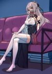  1girl anal anal_object_insertion ball_gag bangs bronya_zaychik bronya_zaychik_(silverwing:_n-ex) couch crossed_legs dildo dress drill_hair earrings feet full_body gag gloves grey_eyes grey_hair hair_ornament heart highres honkai_(series) honkai_impact_3rd jewelry legs long_hair looking_at_viewer mask mouth_mask no_shoes object_insertion see-through sex_toy single_sleeve sitting solo thighhighs toes twin_drills vaginal vaginal_object_insertion white_dress white_gloves white_sleeves yiduan_zhu 