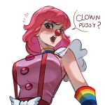  1girl ace_attorney bangs breasts clown clown_nose dress english_text eyeshadow geiru_toneido highres large_breasts makeup open_mouth pink_dress pink_hair rainbow ribosoma_42 simple_background solo suspenders suspenders_gap talking upper_body white_background 