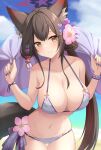  1girl akahi242 animal_ear_fluff animal_ears asymmetrical_hair beach bikini blue_archive blush bracelet breasts brown_eyes brown_hair cherry_blossoms cleavage closed_mouth collarbone day flower fox_ears fox_tail hair_flower hair_ornament halo highres jewelry large_breasts leaning_forward long_hair looking_at_viewer navel outdoors pink_flower purple_bikini purple_nails sidelocks smile solo stomach swimsuit tail wakamo_(blue_archive) wakamo_(swimsuit)_(blue_archive) 