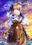  1girl absurdres animal_ears aura blue_eyes cheesecake_(artist) collarbone commentary_request creature_and_personification grass_wonder_(racehorse) grass_wonder_(umamusume) highres horse horse_ears horse_girl horseback_riding long_hair looking_at_viewer naginata pantyhose polearm real_life riding sky umamusume uniform weapon 