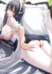  1girl ass azur_lane bangs black_hair blush breasts feet_up from_behind hair_ornament highres indomitable_(azur_lane) kazuha_(saku_kn) large_breasts long_hair looking_at_viewer looking_back lying maid_headdress on_stomach open_mouth pantyhose pillow tongue tongue_out underboob white_headwear white_legwear 