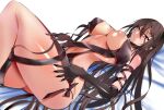  1girl :o bed_sheet black_dress black_gloves breast_curtains breasts brown_hair covered_nipples dress dutch_angle elbow_gloves fate/grand_order fate_(series) gloves hair_between_eyes highres large_breasts long_hair looking_at_viewer lying on_back red_eyes revealing_clothes shiny shiny_skin thighs underboob very_long_hair white_background yahoo0124 yu_mei-ren_(fate) 