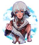  1girl au_ra avatar_(ff14) bangs black_horns blue_eyes clenched_hand cropped_torso dark-skinned_female dark_skin dragon_horns final_fantasy final_fantasy_xiv fur_trim highres horns leki_ixion lips looking_at_viewer scales short_hair smile solo white_hair 