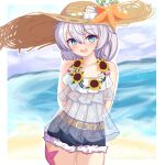  1girl :d bangs beach belt blue_eyes blue_shorts cloud cloudy_sky denim denim_shorts flower hat highres honkai_(series) honkai_impact_3rd long_hair looking_at_viewer open_mouth outdoors sand see-through see-through_shirt shorts sky smile solo starfish straw_hat summer summer_uniform sunflower telebono1 theresa_apocalypse theresa_apocalypse_(valkyrie_pledge) water white_hair 