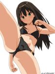  1girl aqua_eyes ass baba_arumi bikini black_bikini black_hair blush breasts cameltoe clenched_hands idolmaster idolmaster_cinderella_girls long_hair navel shibuya_rin simple_background smile solo swimsuit white_background 